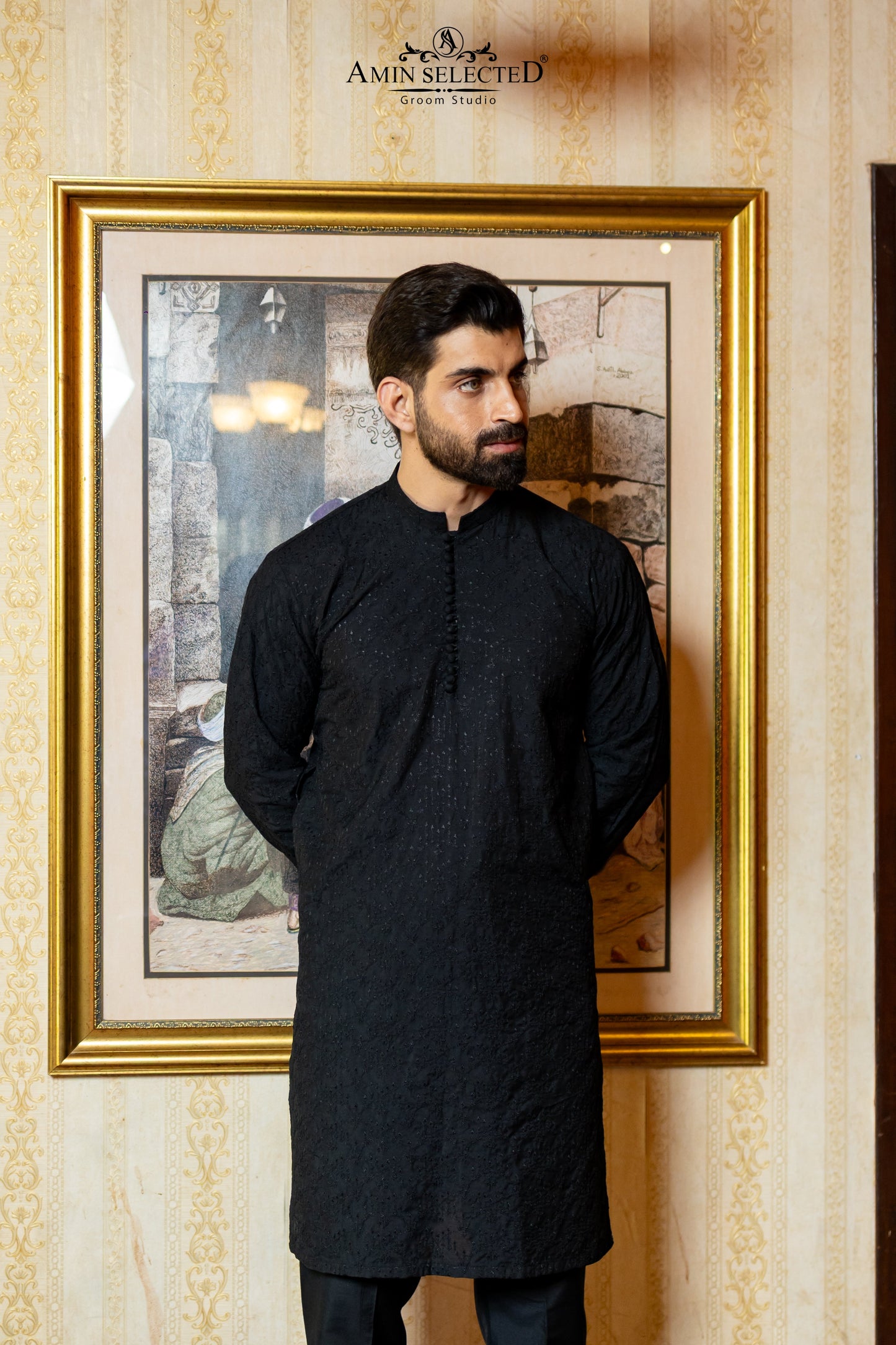 GH 02 BLACK EMBROIDERED KURTA PAJAMA - Amin Selected 
