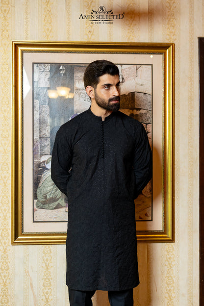 GH 02 BLACK EMBROIDERED KURTA PAJAMA - Amin Selected 
