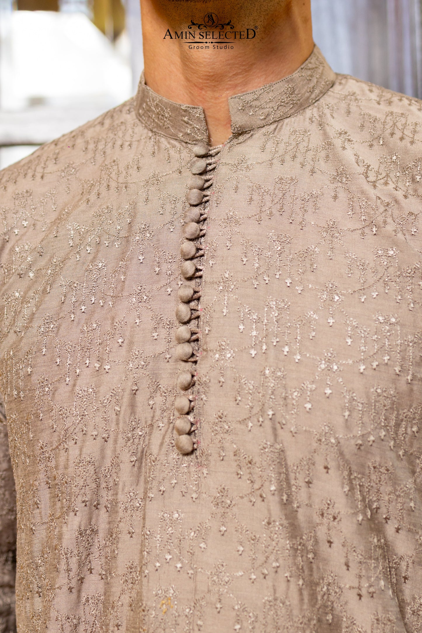 GH 01 MUD GREY EMBROIDERED KURTA PAJAMA - Amin Selected 