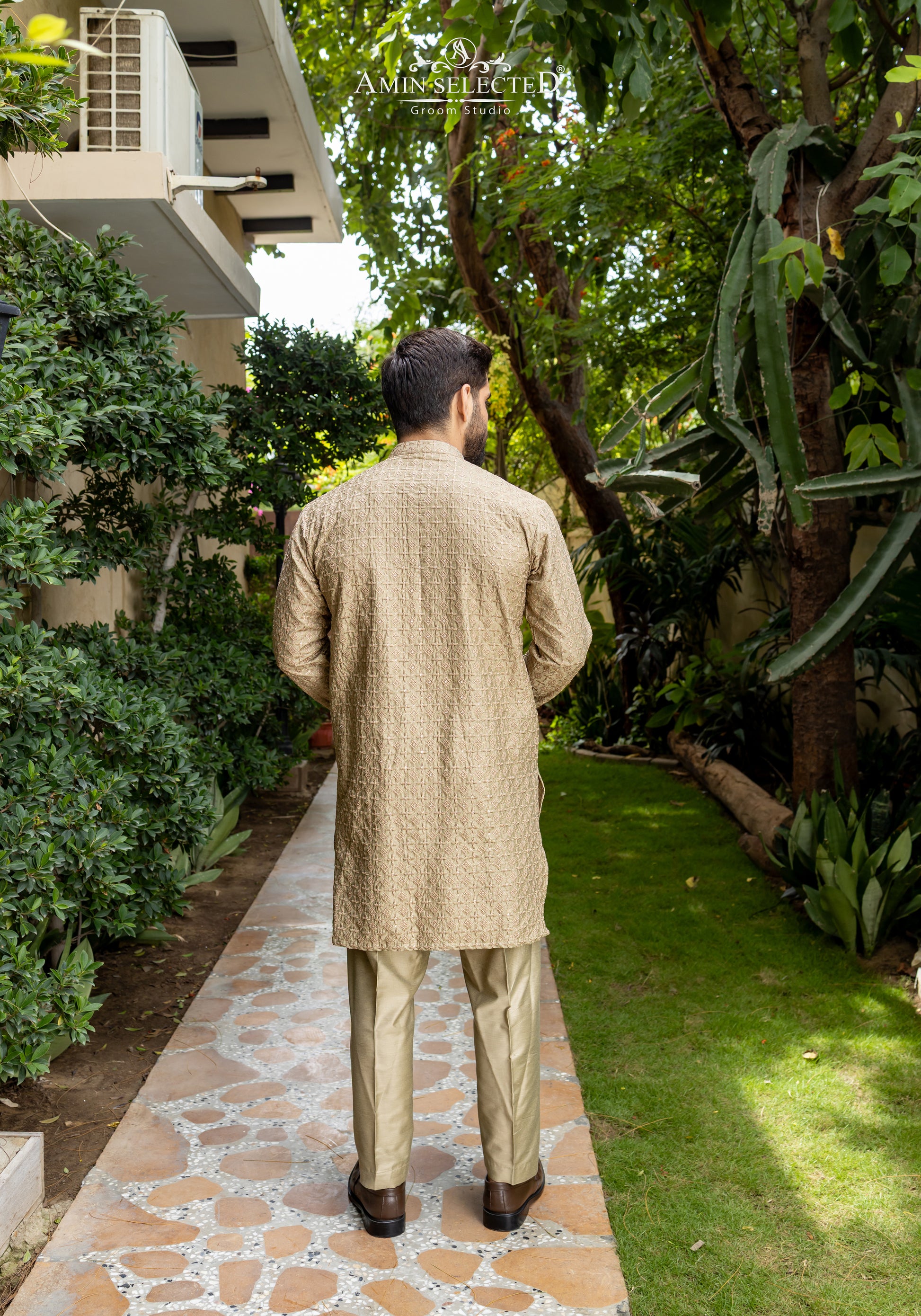AK-01 KHAKI EMBROIDERED KURTA PAJAMA - Amin Selected 