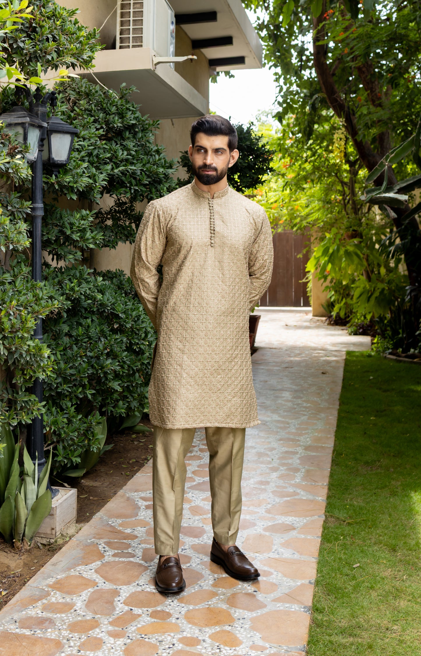 AK-01 KHAKI EMBROIDERED KURTA PAJAMA - Amin Selected 