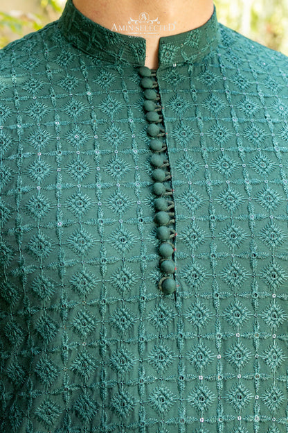 AK 04 BOTTLE GREEN EMBROIDERED KURTA PAJAMA - Amin Selected 