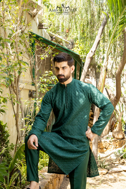 AK 04 BOTTLE GREEN EMBROIDERED KURTA PAJAMA - Amin Selected 