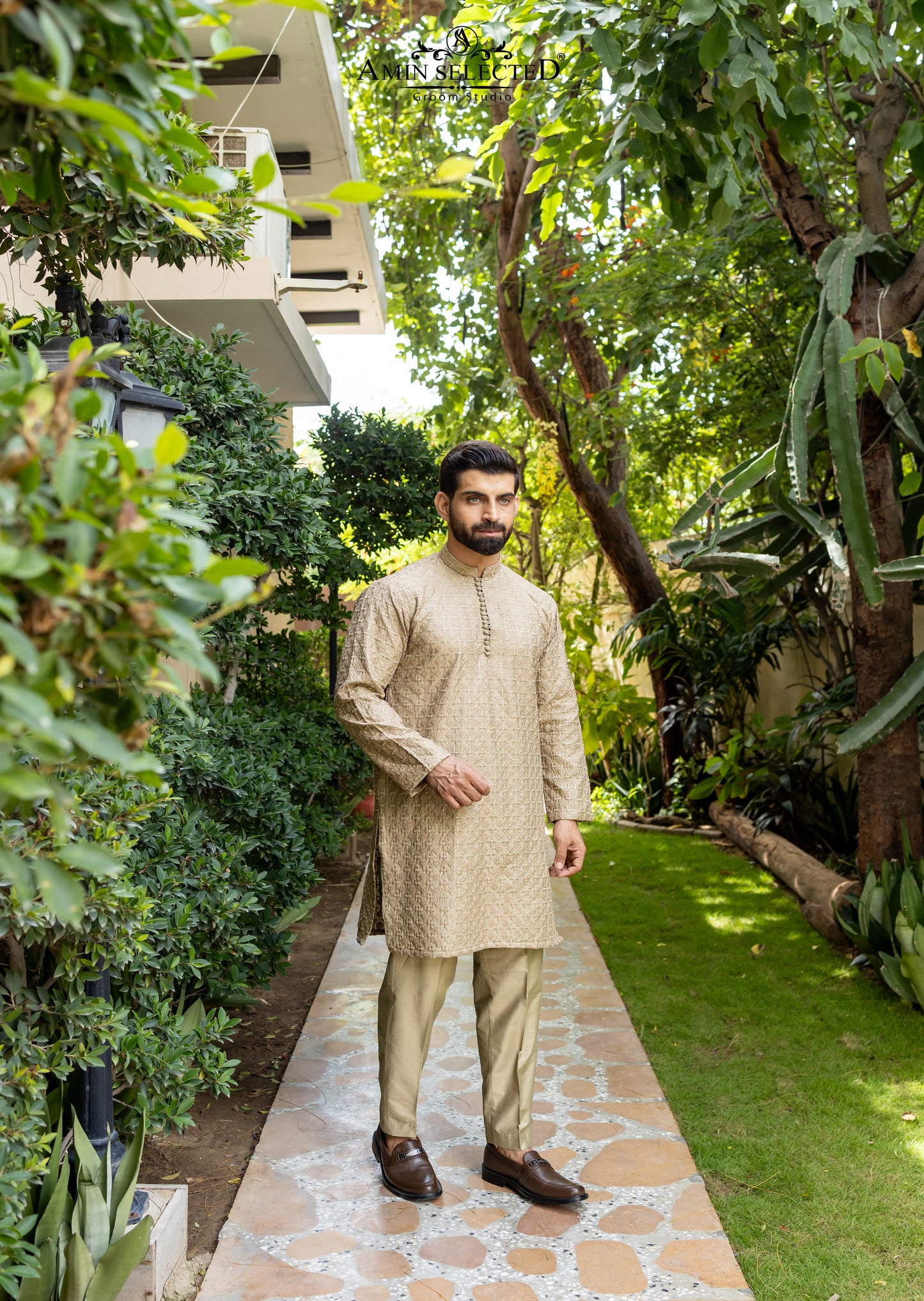 AK-01 KHAKI EMBROIDERED KURTA PAJAMA - Amin Selected 