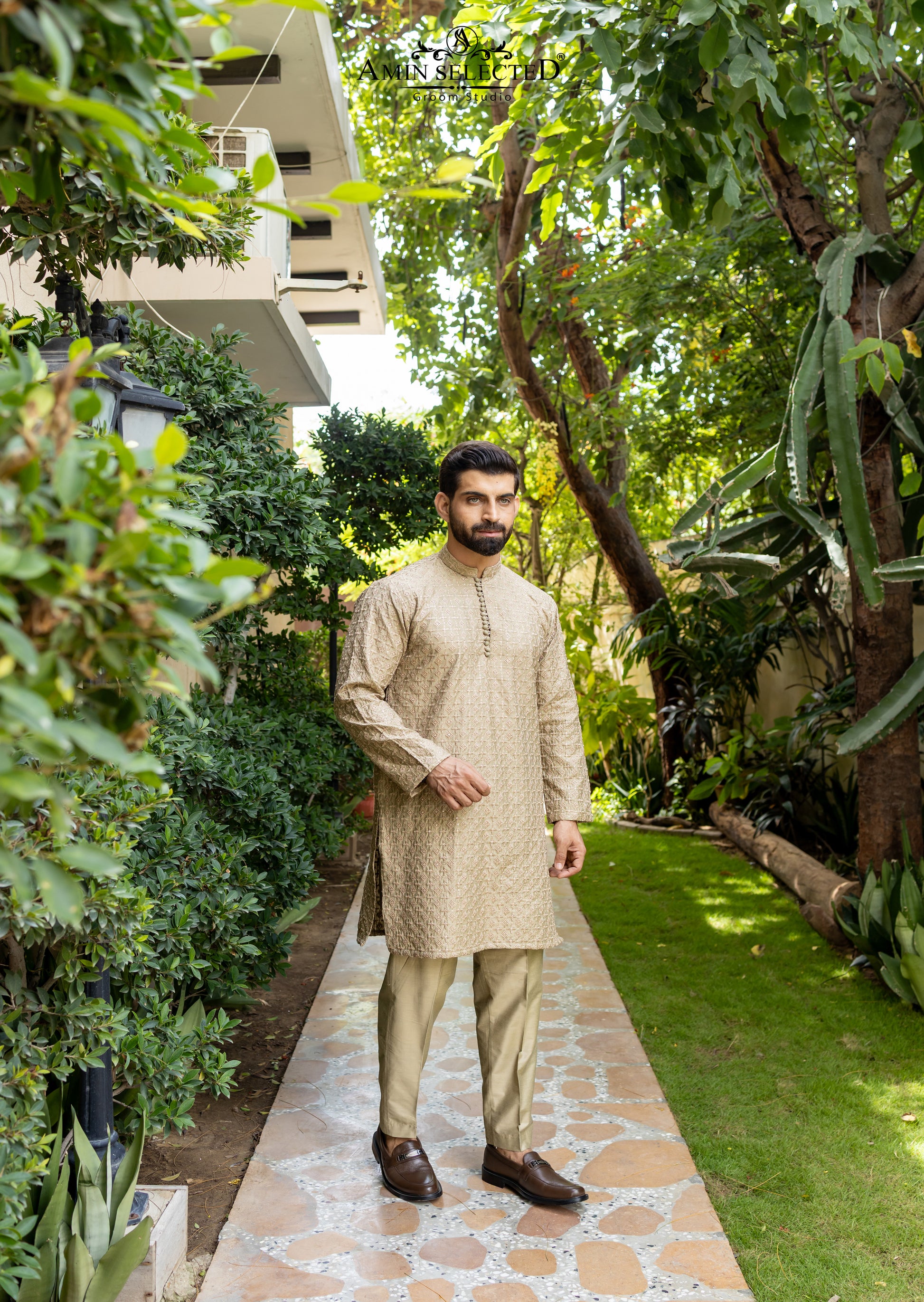 AK-01 KHAKI EMBROIDERED KURTA PAJAMA - Amin Selected 
