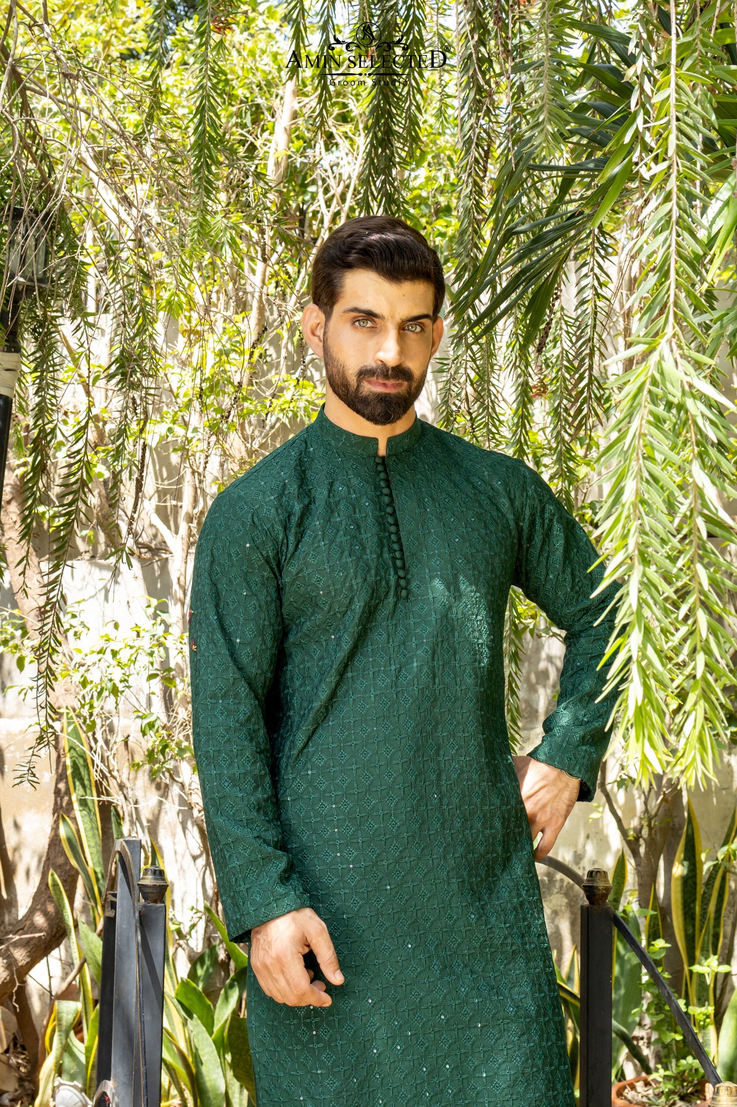 AK 04 BOTTLE GREEN EMBROIDERED KURTA PAJAMA - Amin Selected 