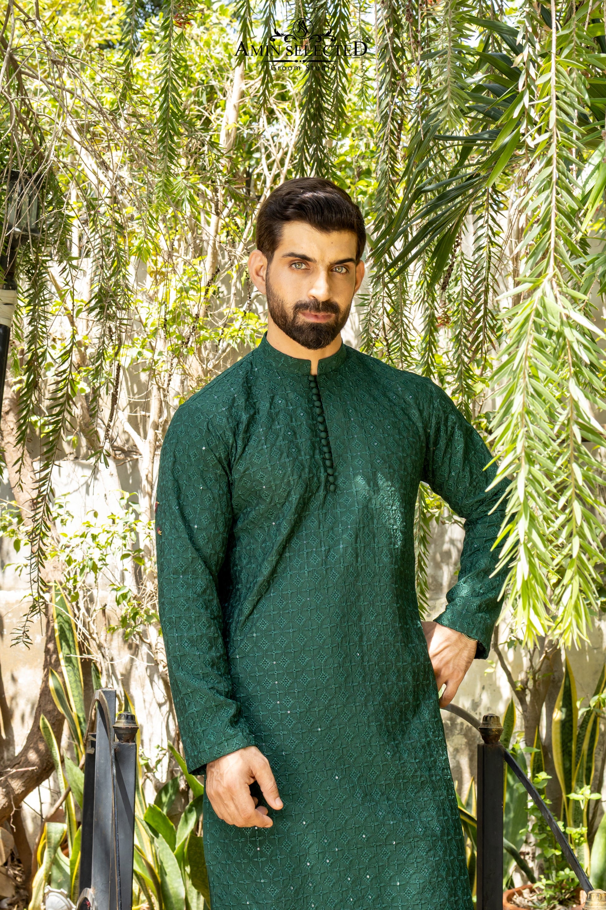 AK 04 BOTTLE GREEN EMBROIDERED KURTA PAJAMA - Amin Selected 