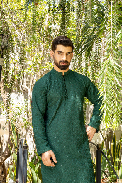 AK 04 BOTTLE GREEN EMBROIDERED KURTA PAJAMA - Amin Selected 