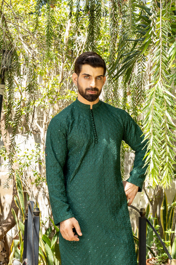 AK 04 BOTTLE GREEN EMBROIDERED KURTA PAJAMA - Amin Selected 
