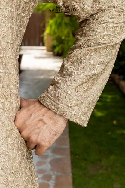 AK-01 KHAKI EMBROIDERED KURTA PAJAMA - Amin Selected 