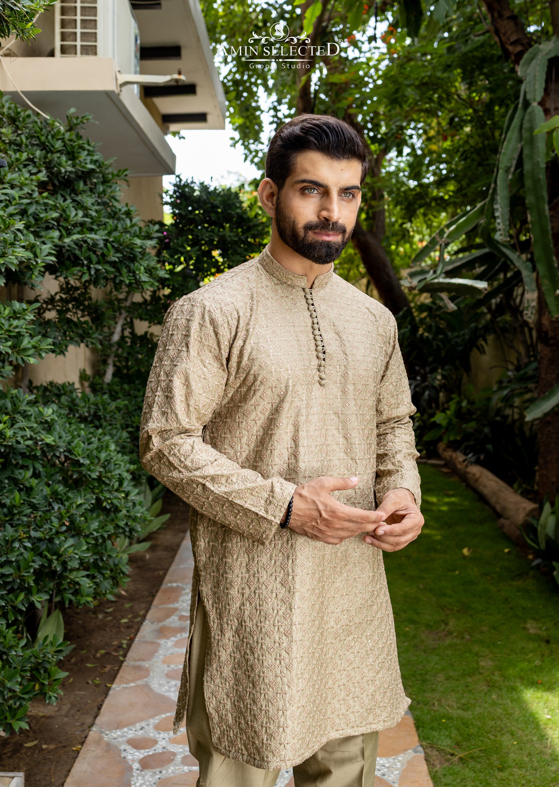 AK-01 KHAKI EMBROIDERED KURTA PAJAMA - Amin Selected 
