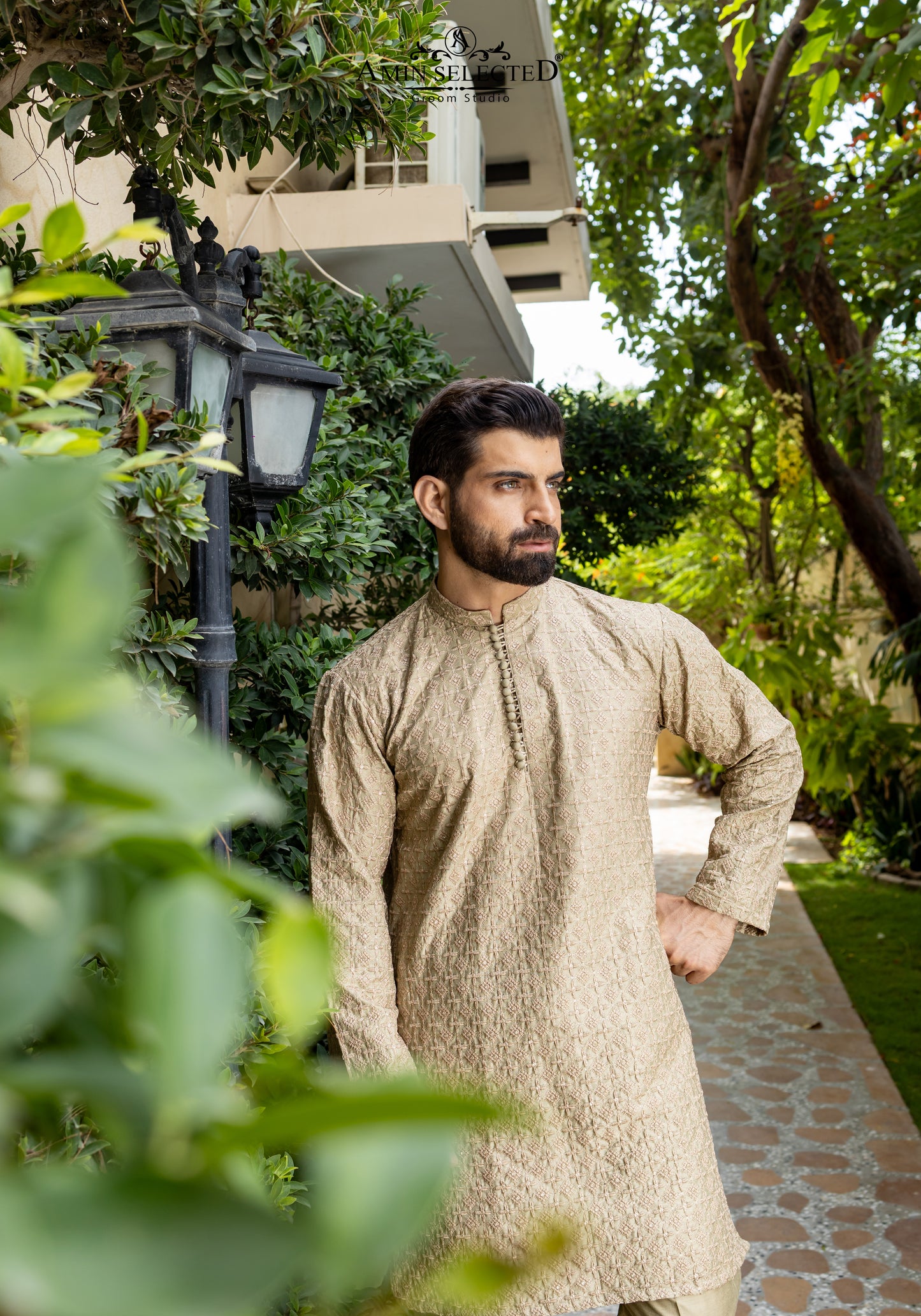 AK-01 KHAKI EMBROIDERED KURTA PAJAMA - Amin Selected 