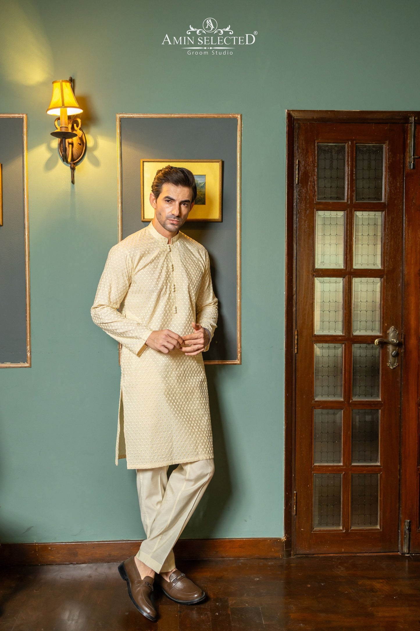 AS 03 CREAM EMBROIDERED KURTA PAJAMA - Amin Selected 