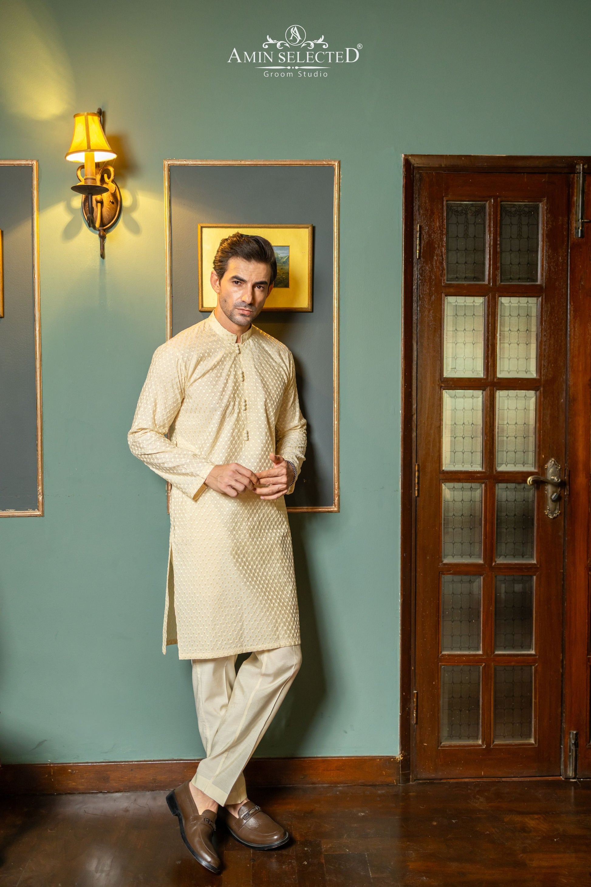 AS 03 CREAM EMBROIDERED KURTA PAJAMA - Amin Selected 