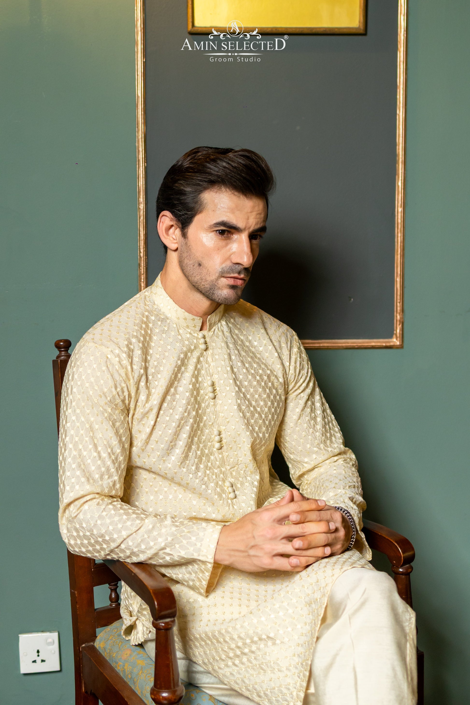 AS 03 CREAM EMBROIDERED KURTA PAJAMA - Amin Selected 