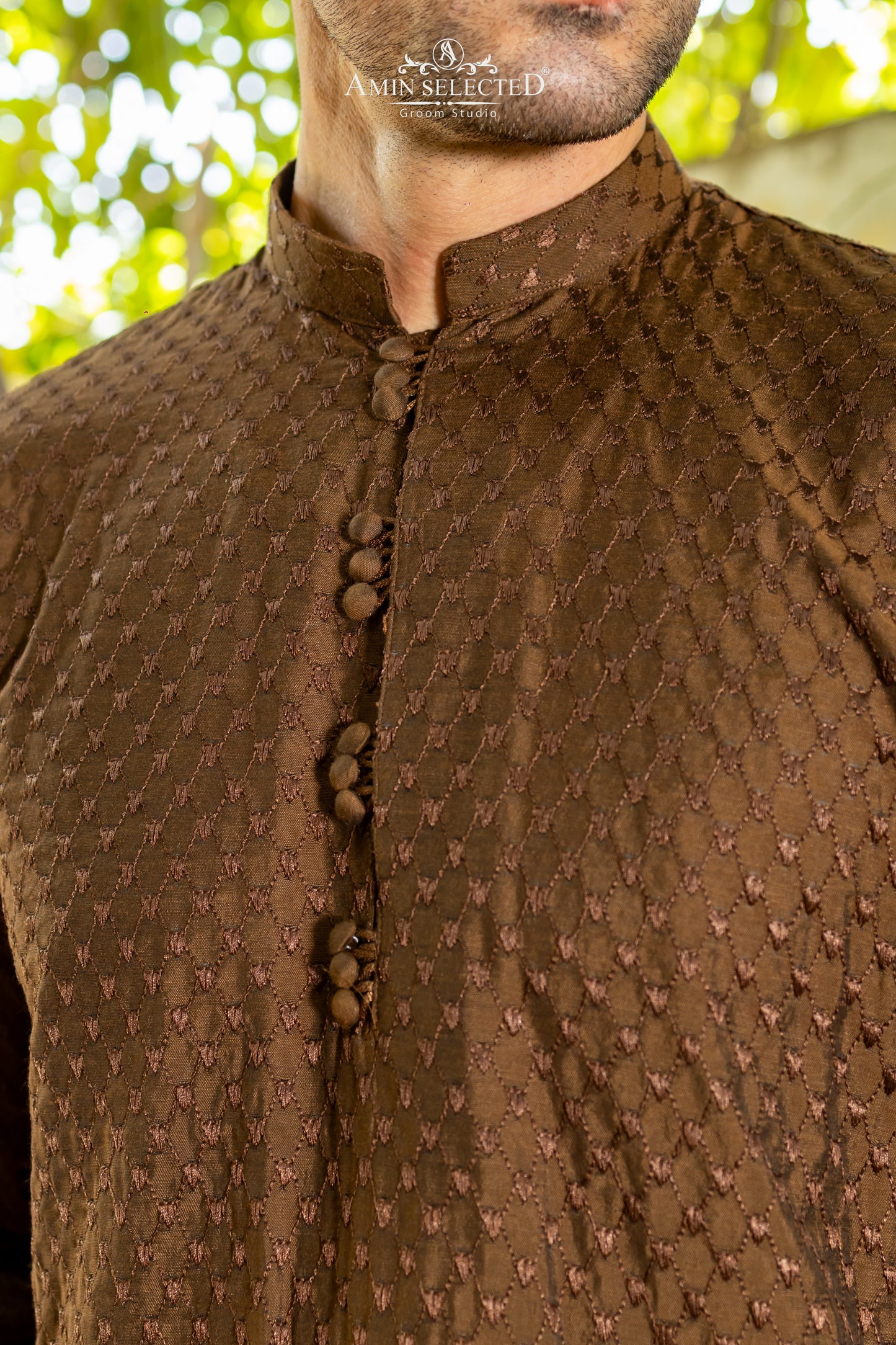 AS 01 BROWN EMBROIDERED KURTA PAJAMA - Amin Selected 