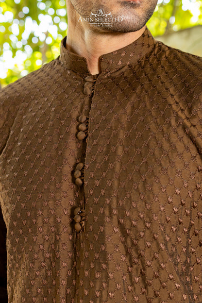 AS 01 BROWN EMBROIDERED KURTA PAJAMA - Amin Selected 