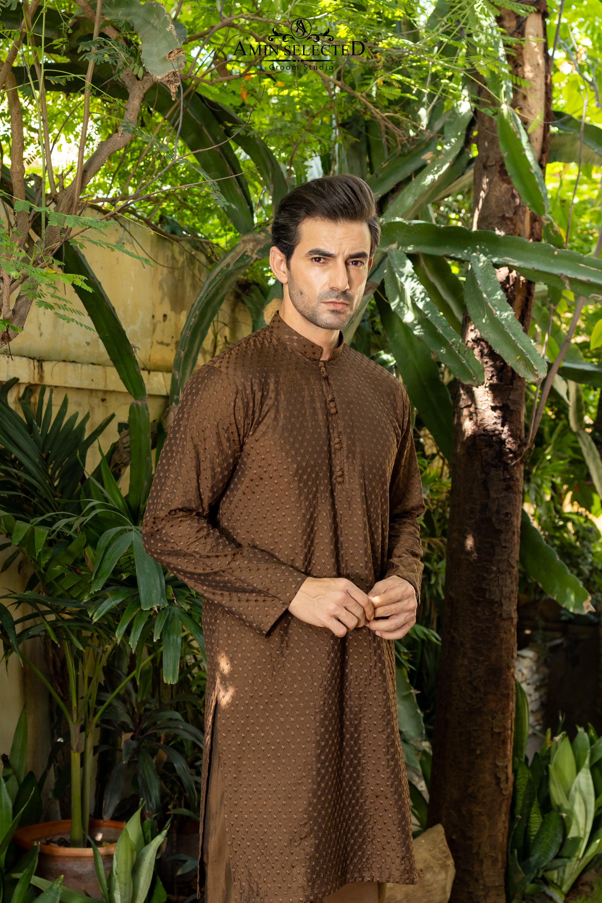 AS 01 BROWN EMBROIDERED KURTA PAJAMA - Amin Selected 