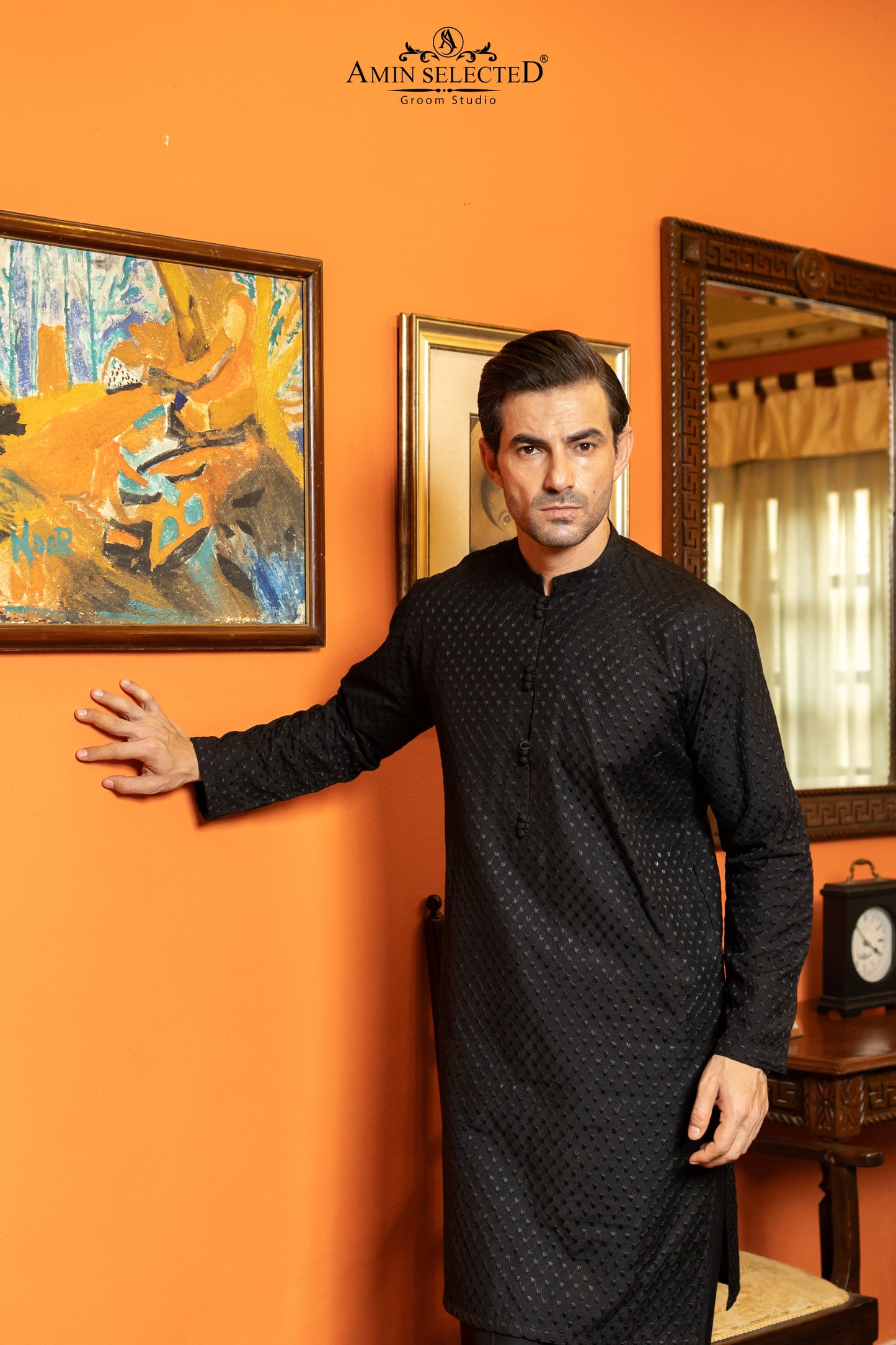 AS 02 BLACK EMBROIDERED KURTA PAJAMA - Amin Selected 