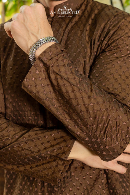 AS 01 BROWN EMBROIDERED KURTA PAJAMA - Amin Selected 