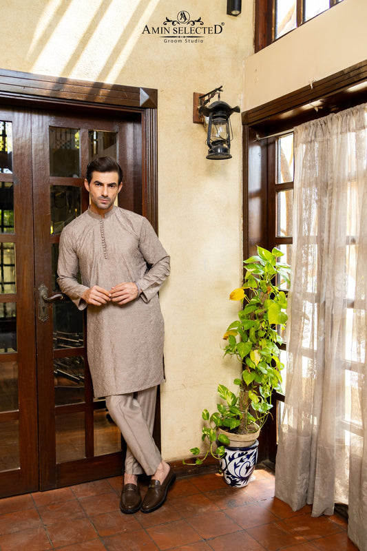 GH 01 MUD GREY EMBROIDERED KURTA PAJAMA - Amin Selected 