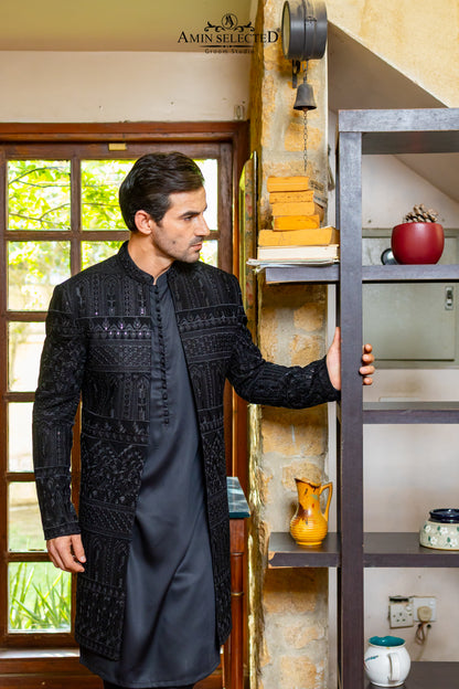 Jet Black Self-Embroidered Prince Coat | Luxury Reception & Party Wear