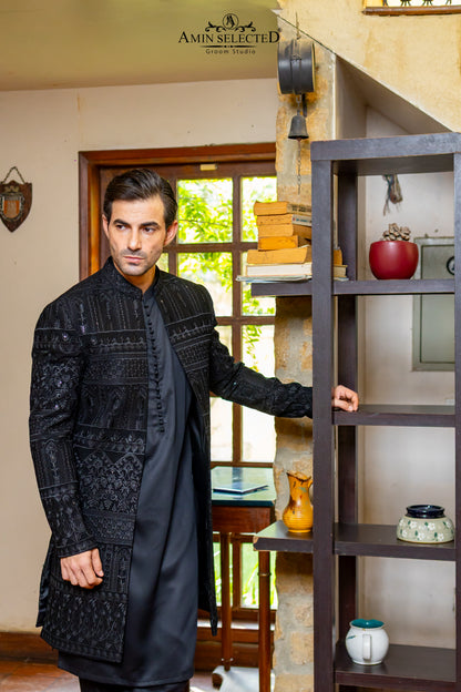 Jet Black Self-Embroidered Prince Coat | Luxury Reception & Party Wear