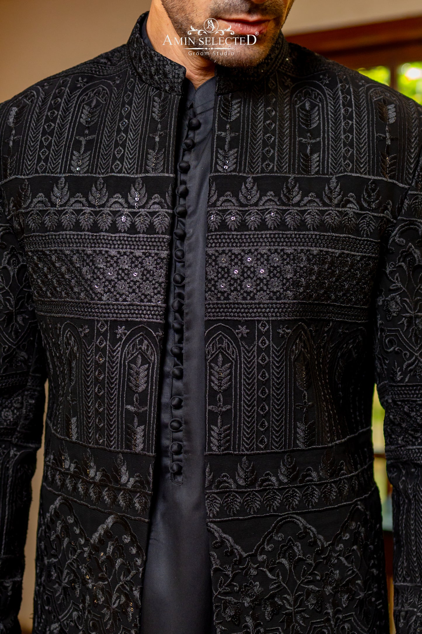 Jet Black Self-Embroidered Prince Coat | Luxury Reception & Party Wear