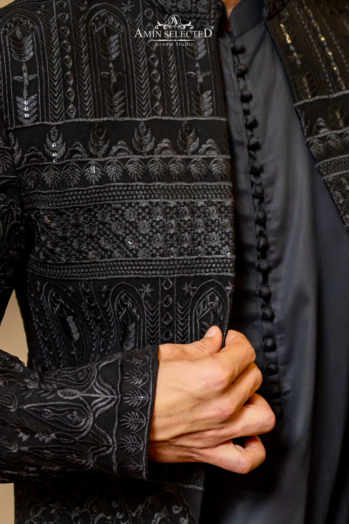 Jet Black Self-Embroidered Prince Coat | Luxury Reception & Party Wear
