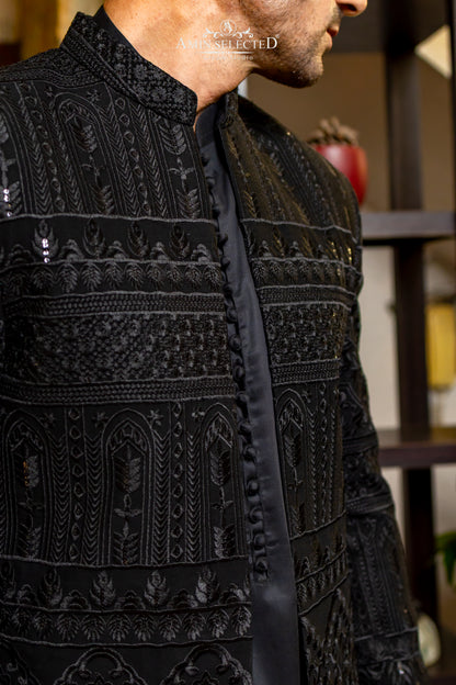 Jet Black Self-Embroidered Prince Coat | Luxury Reception & Party Wear