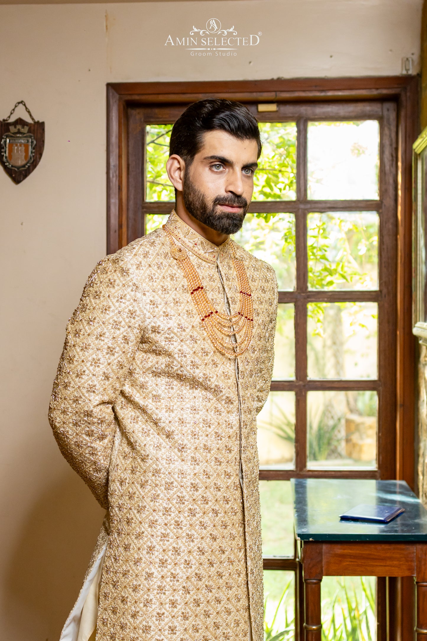 Ivory Gold Geometric Embroidered Sherwani | Luxury Lattice Work Groom Wear - Amin Selected 