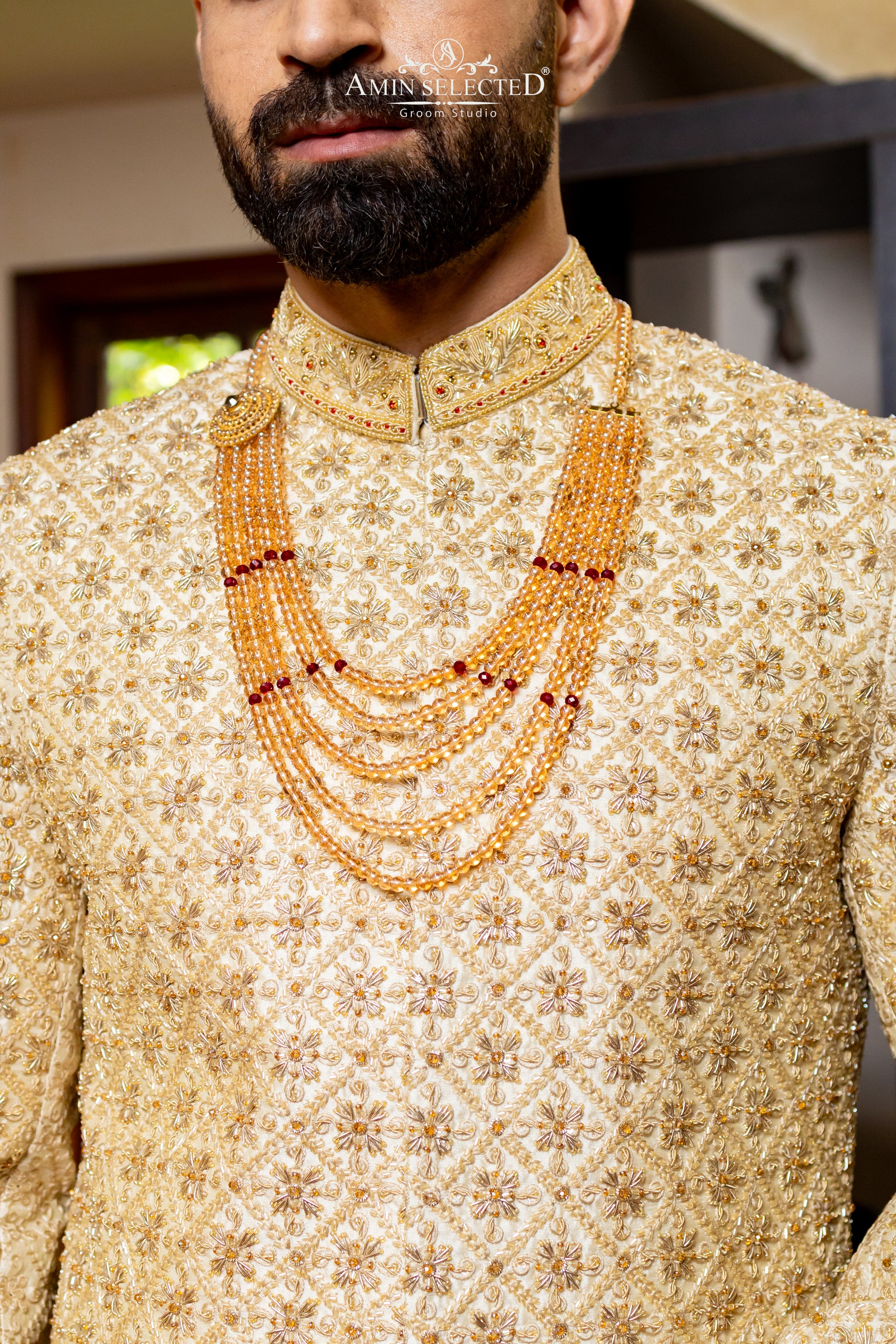 Ivory Gold Geometric Embroidered Sherwani | Luxury Lattice Work Groom Wear - Amin Selected 