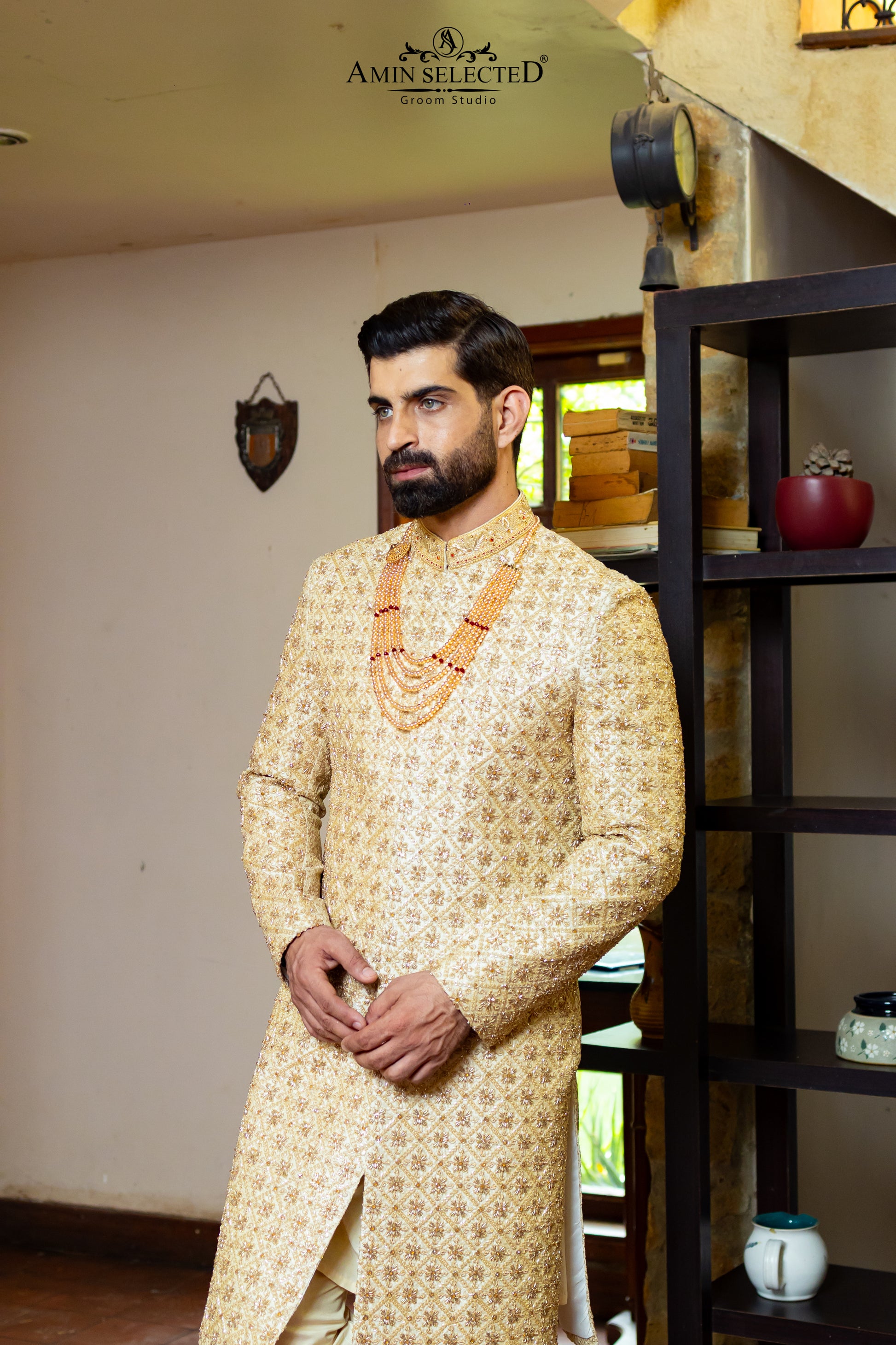 Ivory Gold Geometric Embroidered Sherwani | Luxury Lattice Work Groom Wear - Amin Selected 