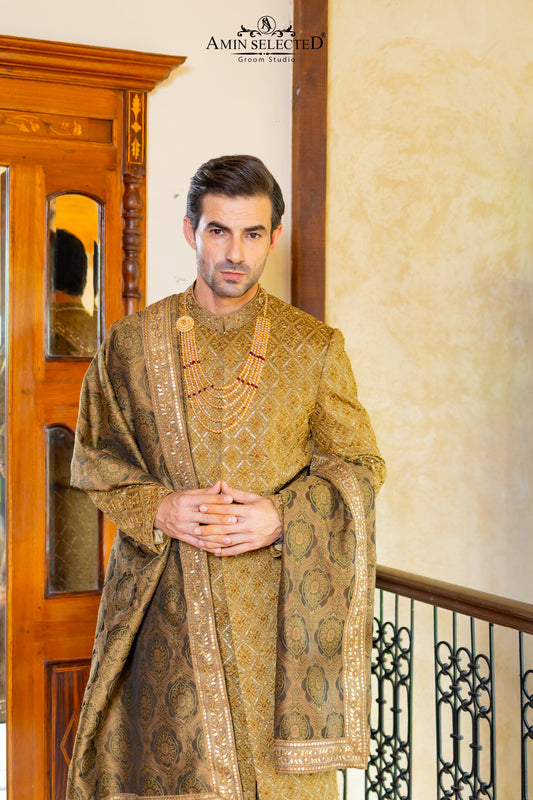 Antique Gold Royal Sherwani Set with Embroidered Shawl & Turban | Complete Groom Look