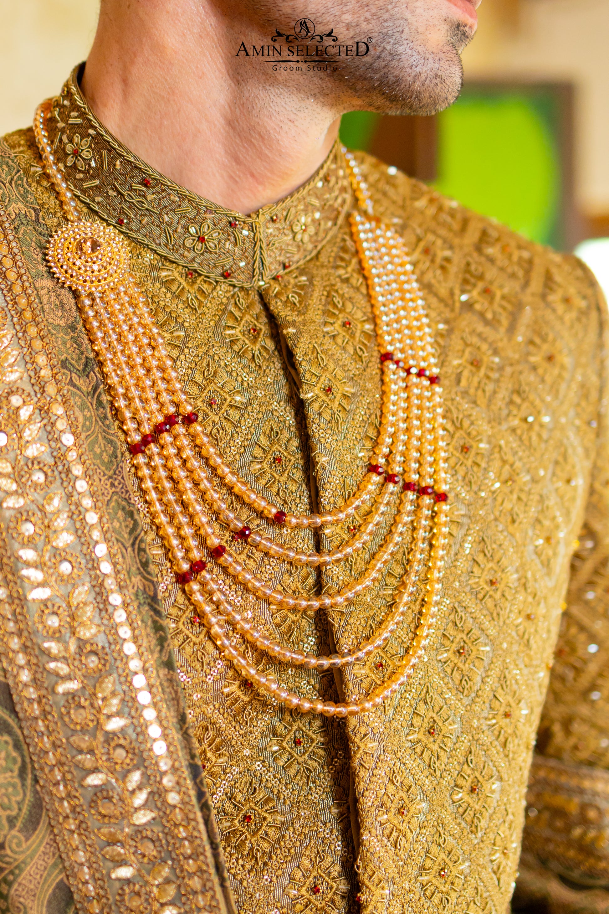 Antique Gold Royal Sherwani Set with Embroidered Shawl & Turban | Complete Groom Look - Amin Selected 