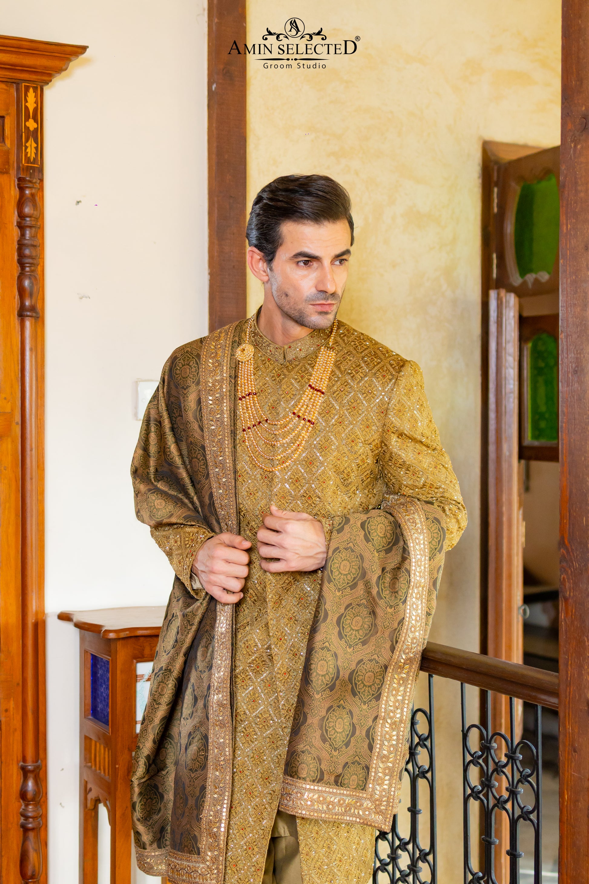 Antique Gold Royal Sherwani Set with Embroidered Shawl & Turban | Complete Groom Look - Amin Selected 