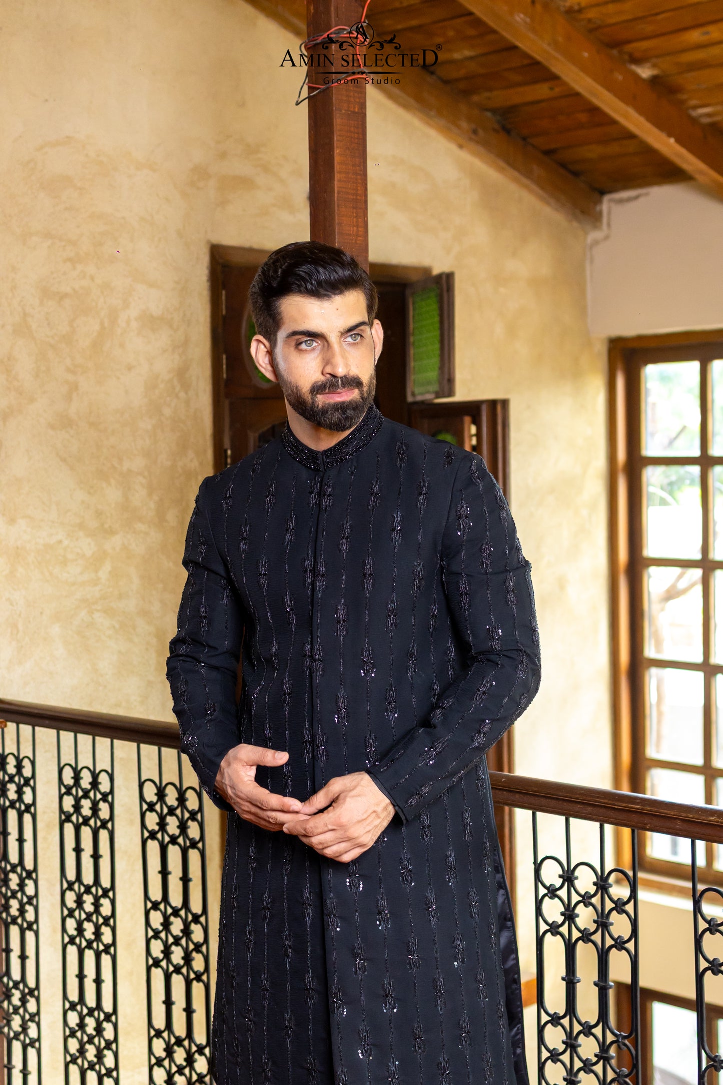 Midnight Black Sequin Sherwani with Embroidered Velvet Shawl | Luxury Winter Groom Set - Amin Selected 