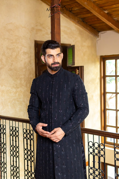 Midnight Black Sequin Sherwani with Embroidered Velvet Shawl | Luxury Winter Groom Set - Amin Selected 