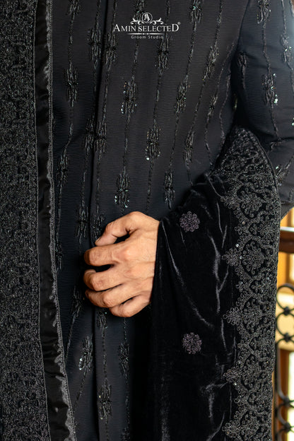 Midnight Black Sequin Sherwani with Embroidered Velvet Shawl | Luxury Winter Groom Set - Amin Selected 