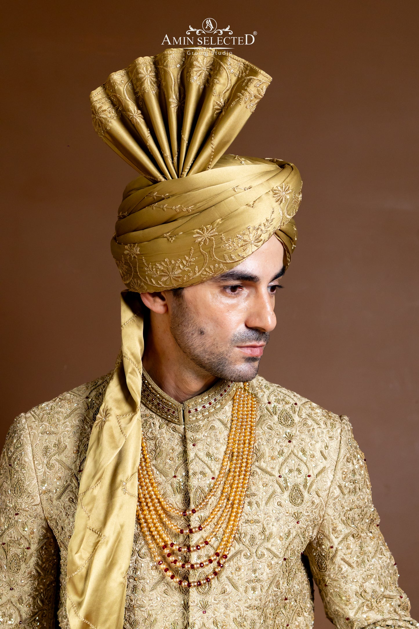 Champagne Gold Zardozi Sherwani | Luxury Hand-Embellished Groom Wear - Amin Selected 