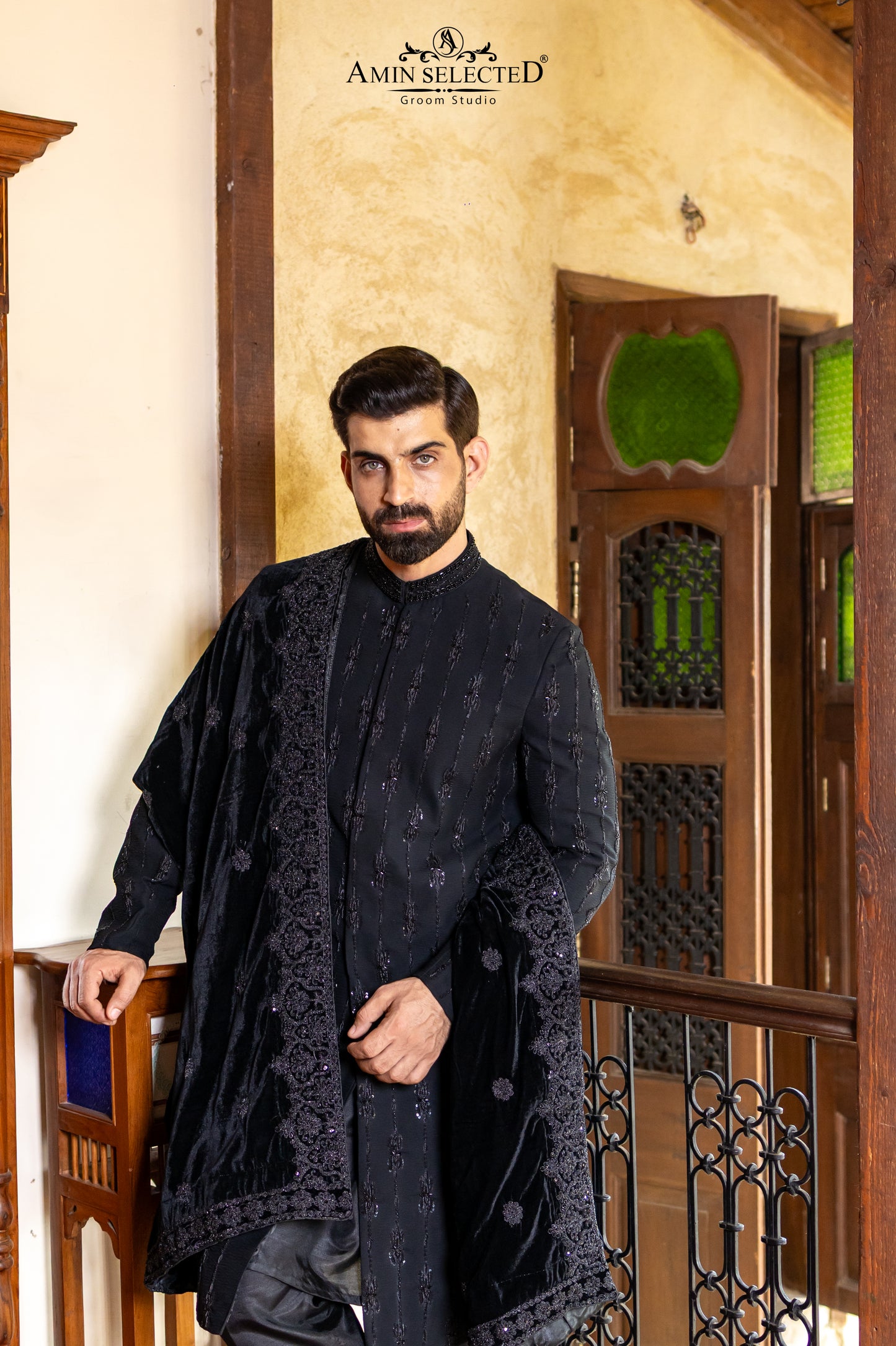 Midnight Black Sequin Sherwani with Embroidered Velvet Shawl | Luxury Winter Groom Set - Amin Selected 