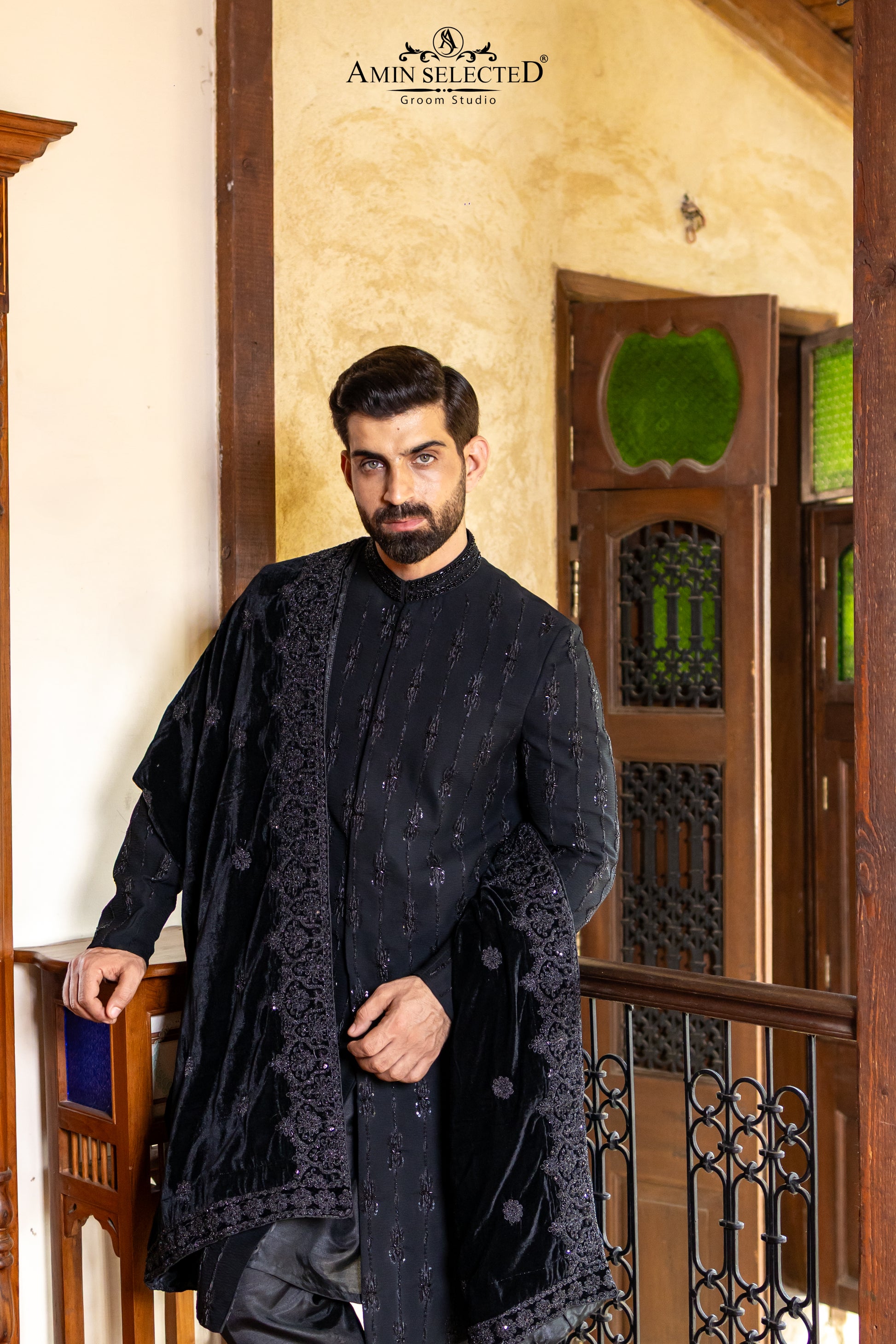 Midnight Black Sequin Sherwani with Embroidered Velvet Shawl | Luxury Winter Groom Set - Amin Selected 