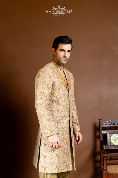 Champagne Gold Zardozi Sherwani | Luxury Hand-Embellished Groom Wear - Amin Selected 