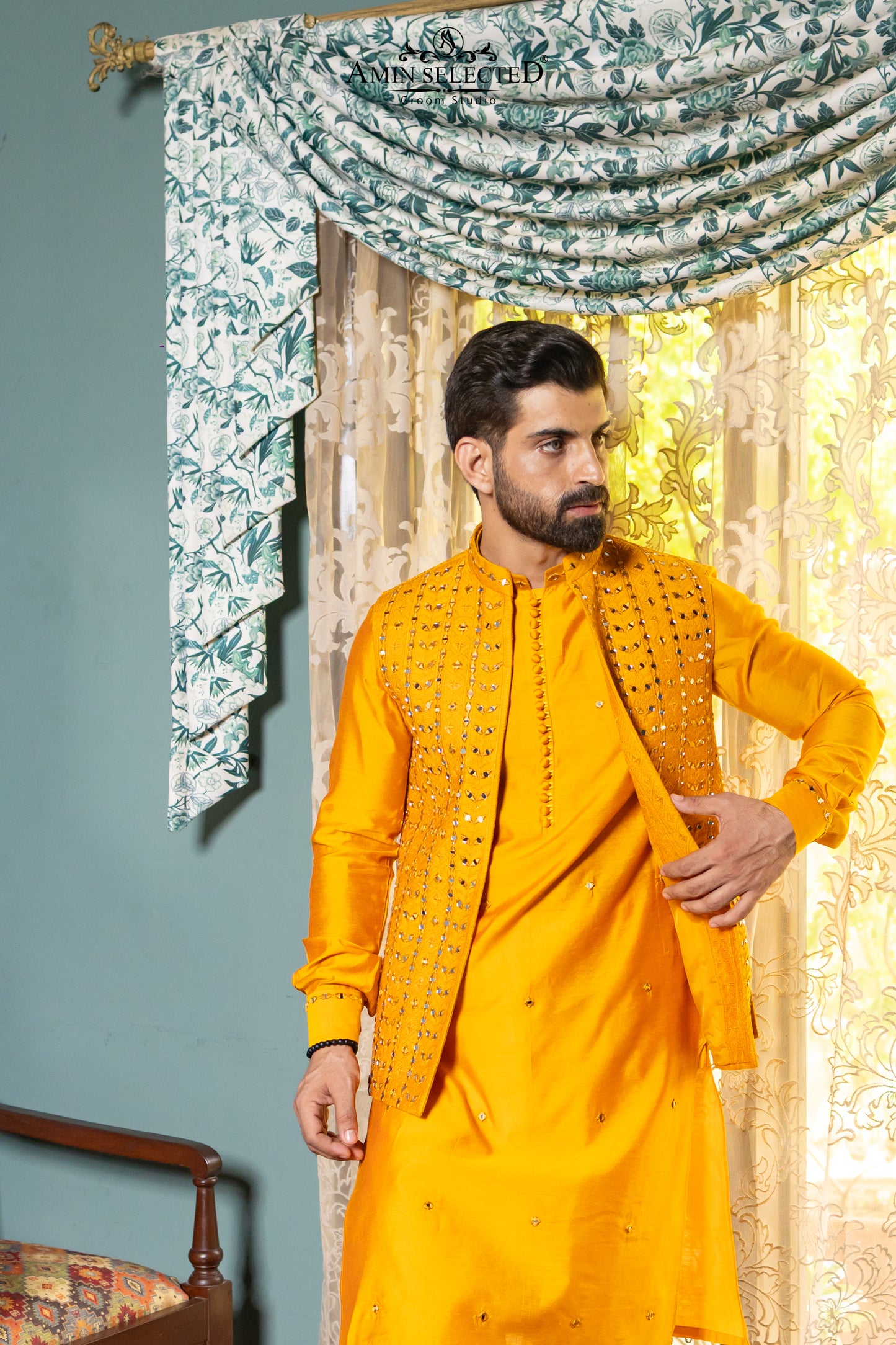 Mango Yellow Mirror Work Waistcoat with Raw Silk Kurta | Mehndi Festive Set