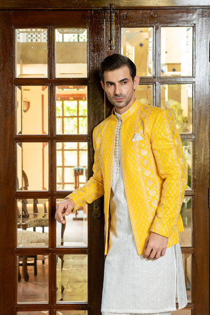 Sun-Glow Yellow Jamawar Prince Coat | Luxury Mehndi & Festive Wear - Amin Selected 