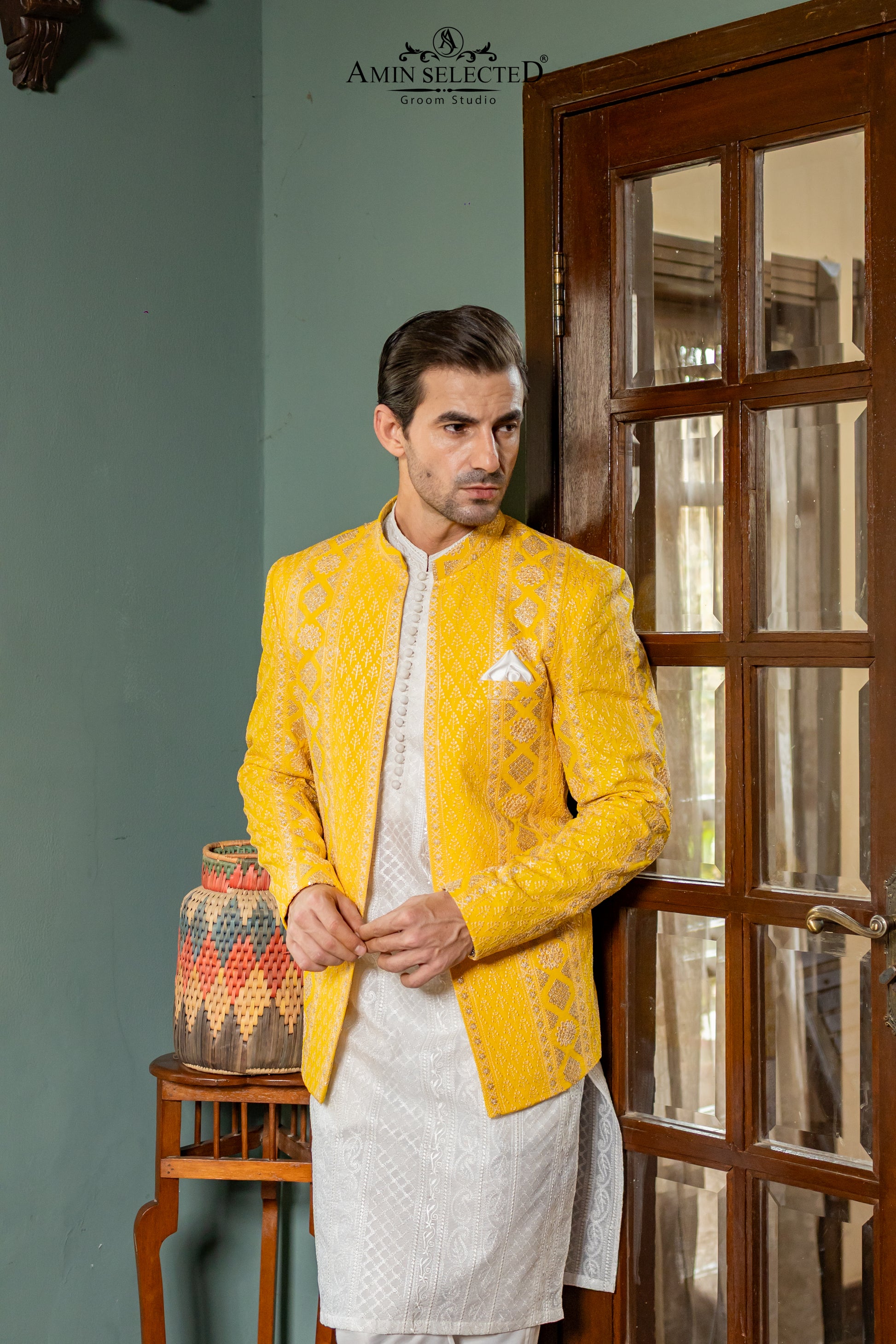 Sun-Glow Yellow Jamawar Prince Coat | Luxury Mehndi & Festive Wear - Amin Selected 