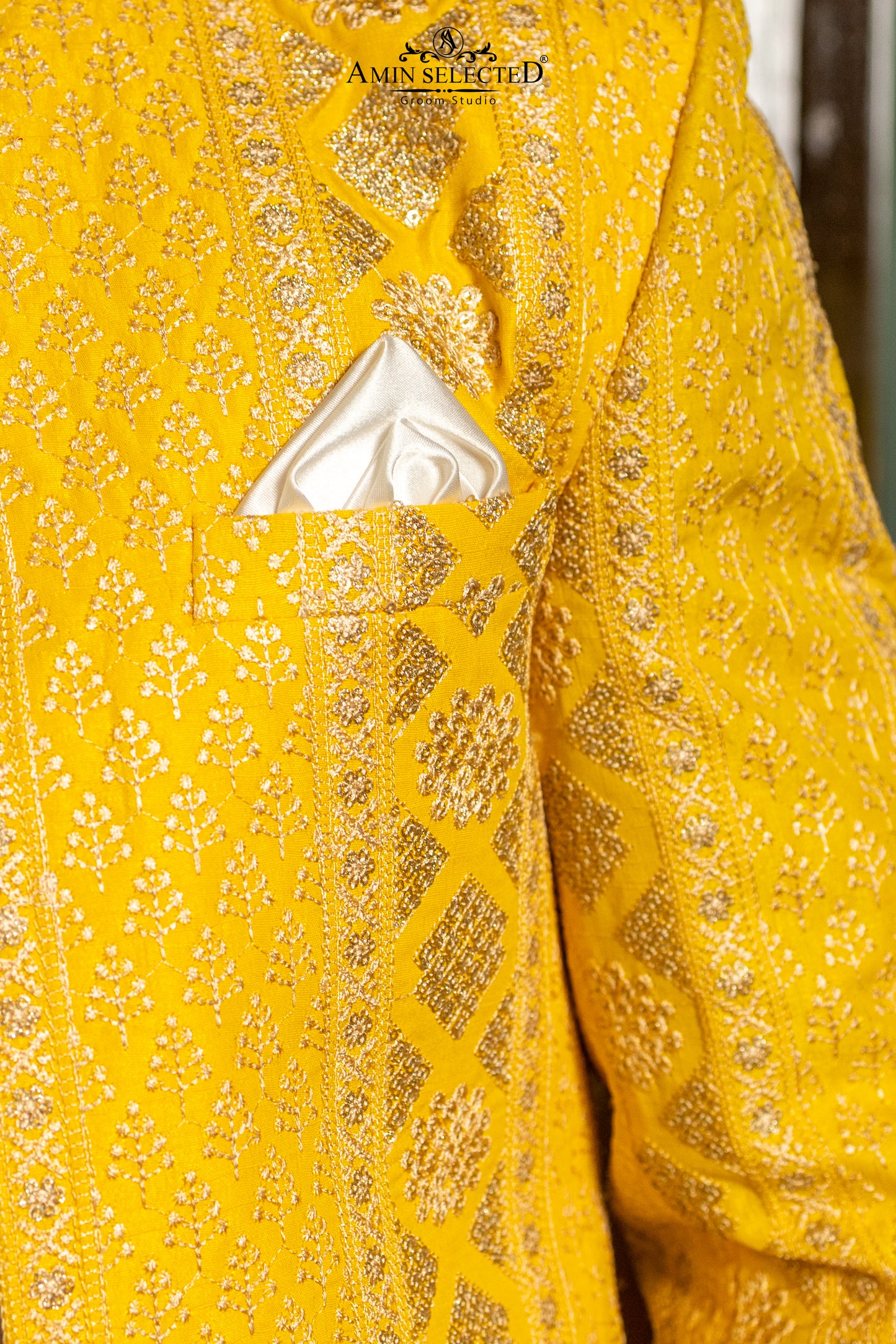 Sun-Glow Yellow Jamawar Prince Coat | Luxury Mehndi & Festive Wear - Amin Selected 