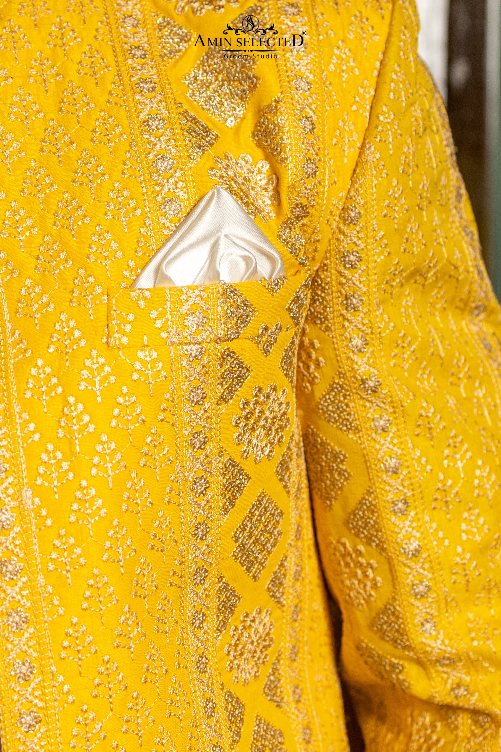 Sun-Glow Yellow Jamawar Prince Coat | Luxury Mehndi & Festive Wear - Amin Selected 