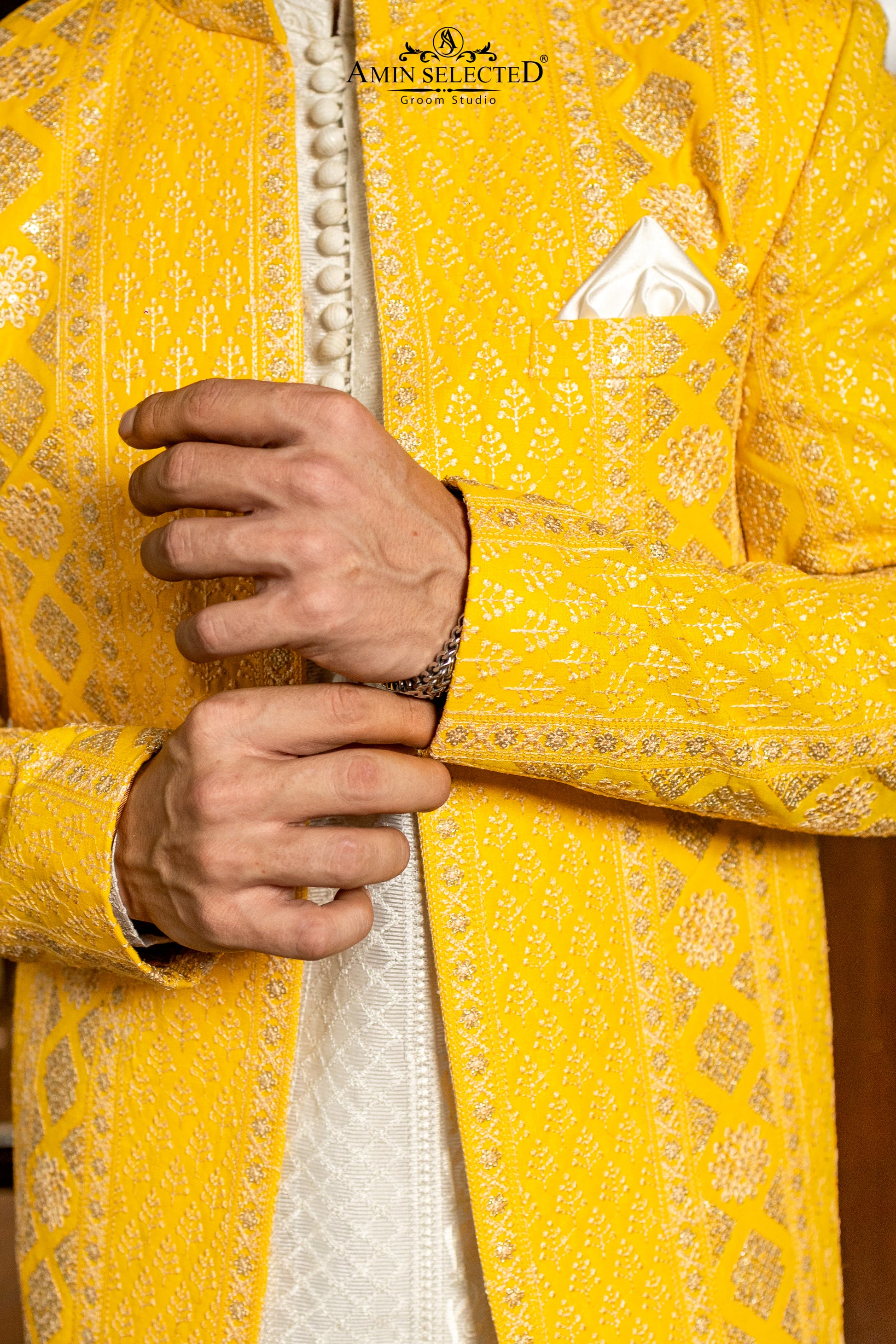 Sun-Glow Yellow Jamawar Prince Coat | Luxury Mehndi & Festive Wear - Amin Selected 