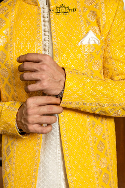 Sun-Glow Yellow Jamawar Prince Coat | Luxury Mehndi & Festive Wear - Amin Selected 